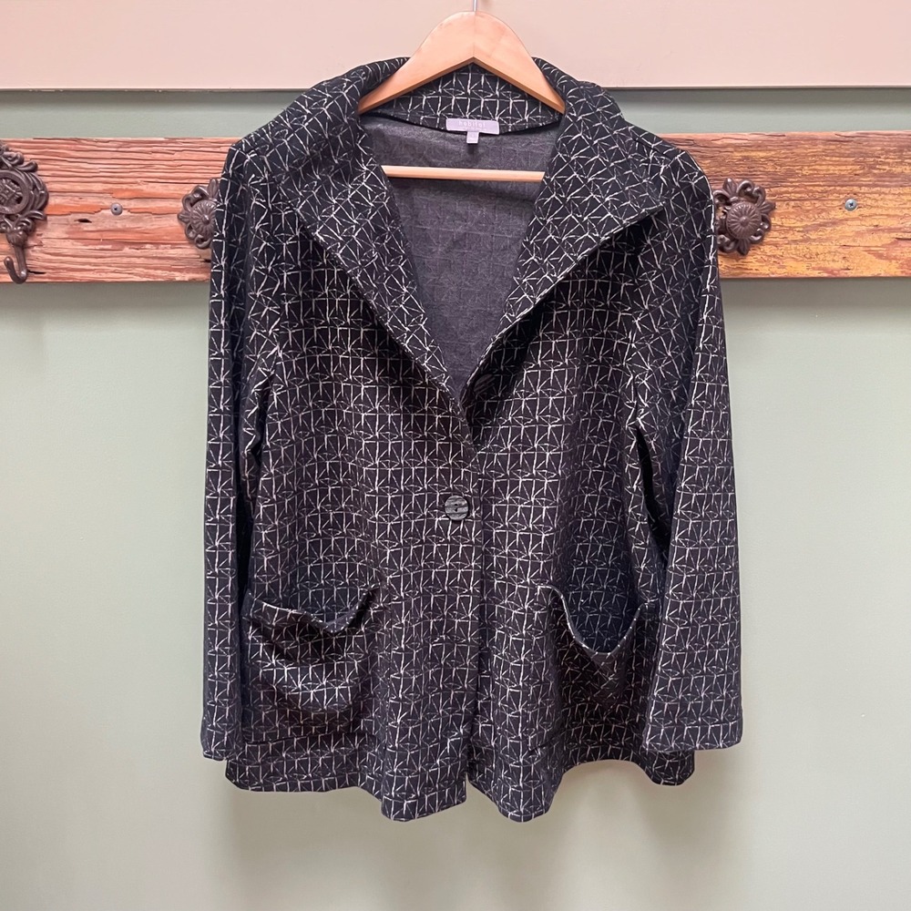 Habitat Black Silver Geometric Grid Print Button Front Jacket Blazer Womens L